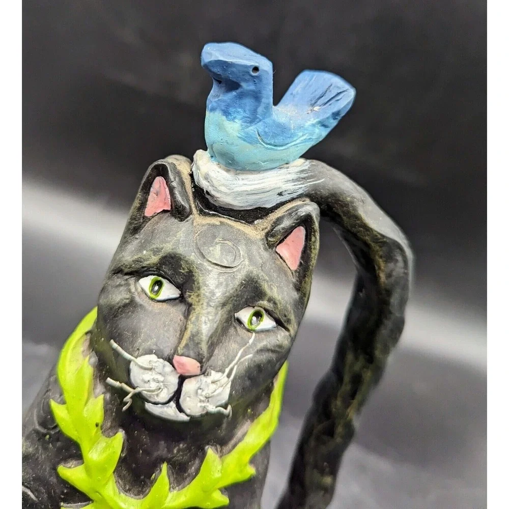 Contemporary Resin Black Cat Figurine Bluebird Nest Flower 9